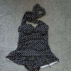 Black White Polka Dot/Skelaton Halter Skirted One-Piece Swimsuit